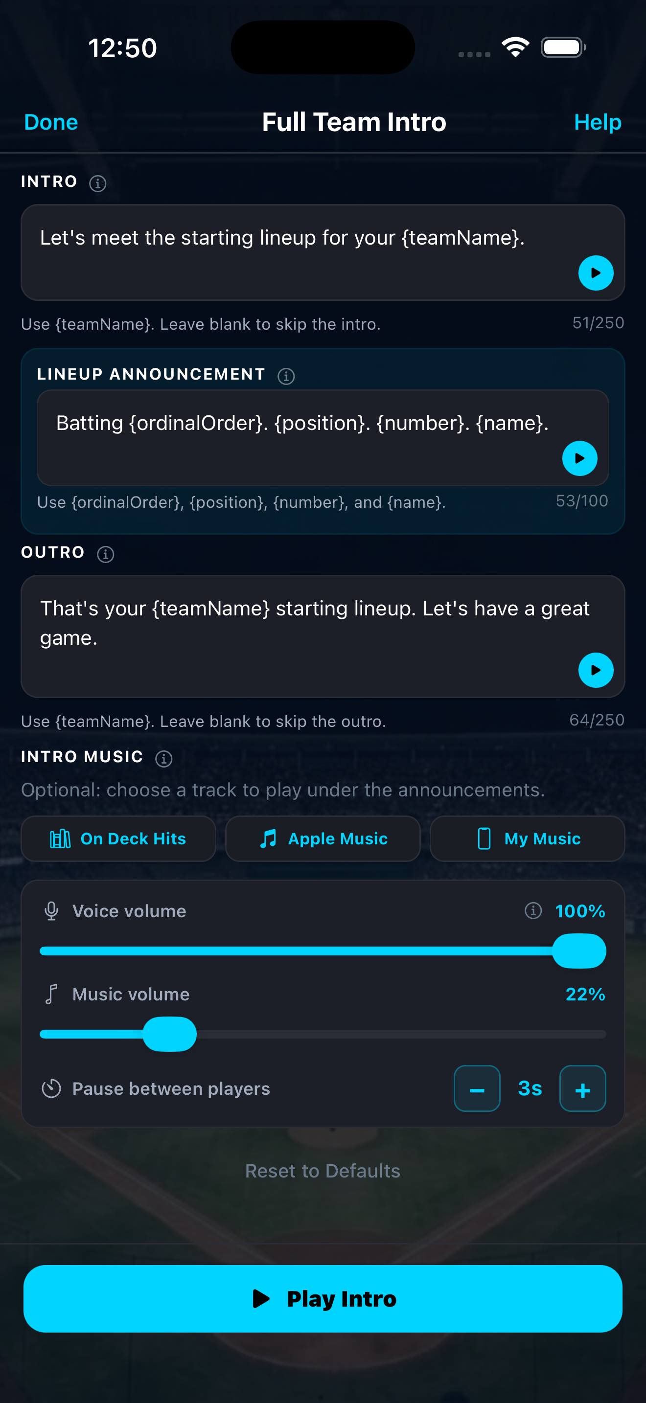 Full Team Intro screen showing customizable intro script, lineup announcement template, and outro